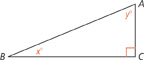 A right triangle A C B. Angle A measures y degrees. Angle B measures x degrees. Angle C is the right angle.