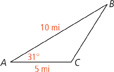 Triangle A B C. Side A C measures 5 miles. Side A B measures 10 miles. Angle A measures 31 degrees.