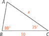 Triangle A B C. Side B C measures 10. Side A C measures x. Angle B measures 80 degrees. Angle C measures 35 degrees.