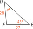 Triangle D E F. Side D F measures 28. Side E F measures 27. Angle D measures x degrees, and angle E measures 43 degrees.