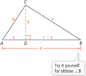 Triangle A B C with standard side lengths. The amplitude from C to D on A B has length h, with A D measuring x and D B measuring c minus x. Try it yourself for obtuse angle B.