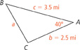 Triangle A B C, with standard side lengths. Side length b = 2.5 miles. Side length c = 3.5 miles. Angle A measures 40 degrees.