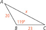 Triangle A B C, with the following measurements: A B, 20; B C, 23; A C, x; angle B, 119 degrees.
