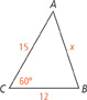 Triangle A B C, with the following measurements: A C, 15; B C, 12; A B, x; angle C, 60 degrees.
