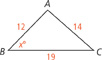 Triangle A B C, with the following measurements: A B, 12; B C, 19; A C, 14; angle B, x degrees.