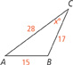 Triangle A B C, with the following measurements: A B, 15; A C, 28; B C, 17; angle C, x degrees.