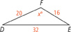 Triangle D E F, with the following measurements: D E, 32; D F, 20; E F, 16; angle F, x degrees.