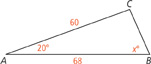 Triangle A B C, with the following measurements: A B, 68; A C, 60; angle A, 20 degrees; angle B, x degrees.