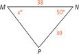 Triangle M N P, with the following measurements: M N, 38; N P, 30; angle M, x degrees; angle N, 50 degrees.