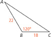 Triangle A B C, with the following measurements: A B, 22; B C, 18; angle B, 120 degrees.