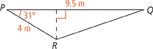 Triangle P Q R has base P Q of length 9.5 meters, P R of length 4 meters, and angle P measuring 31 degrees.