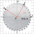 A gear of radius 10 is centered on the origin O of the xy-plane. There are three points on the edge: P (10, 0); A, 60 degrees counterclockwise from P; and B in quadrant 2, angle theta counterclockwise from A.