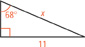 A right triangle with a 68-degree angle opposite a leg of length 11, with the hypotenuse measuring x.