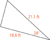 A triangle with legs of length 18.6 and 21.1 feet including a 28-degree angle.