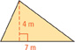A triangle has a base measuring 7 meters. The triangle is divided into two right triangles by a dashed line that falls from the top vertex to the base, measuring 4 meters.