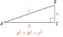A right triangle has legs measuring a by b. The hypotenuse measures c. The equation is a squared plus b squared equals c squared.