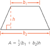 A trapezoid has a bottom with length b subscript 2 baseline, and a top with length b subscript 1 baseline, and a height of h. A equals (1 over 2) times (b subscript 1 baseline plus b subscript 2 baseline) times h.