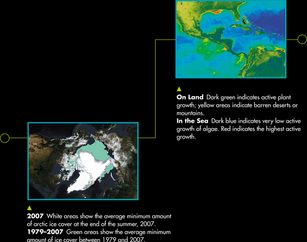 Two satellite images, one shows land and sea, while the other shows sea ice around the North Pole in summer.