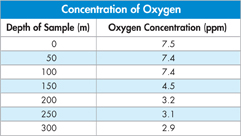 Table indicating the concentration of oxygen.