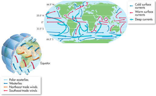 An illustration of Earth’s wind and ocean currents, that interact to help produce climate patterns.