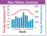 A bar and line graph captioned 'New Orleans, Louisiana' shows the average temperature and precipitation during each month of the year. 