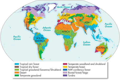 A world map illustrating the distribution of major biomes.