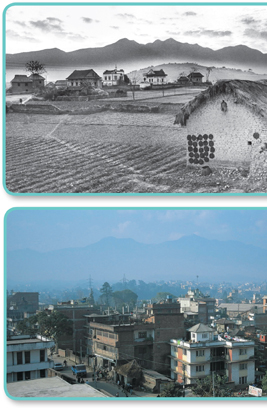Two photographs of Kathmandu, Nepal taken from the same position in the year 1969 and 1999 illustrates the dramatic change in the growth of population over time. In 1969, the place had fields and huts, whereas in 1999 it has buildings and cars.