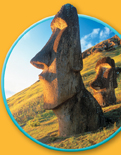 Huge stone statues called Moai, situated in an island of Chile. The statue has a big face with large nose broad chin & long ears. 