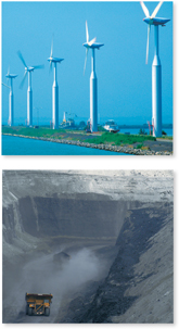 The image shows wind mills and coal mines.