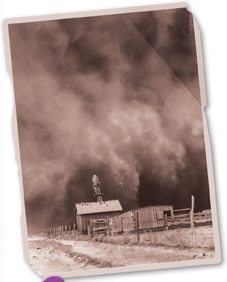 A photograph of dust bowl taken on April 15, 1935. It shows a cloud of dry soil about to hit ranch in Boise city of Idaho.