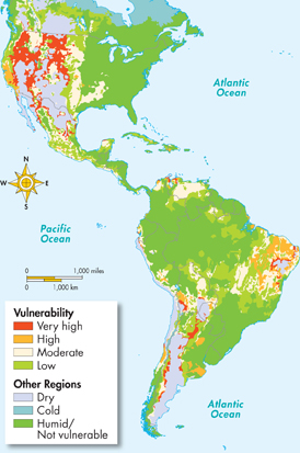 A map illustrating vulnerable areas in North and South America for desertification.