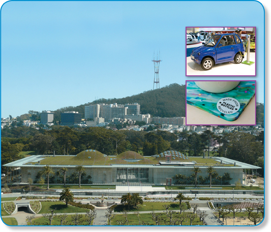 The image shows two examples to minimize global warming : A car using natural source of energy and coaster made from recycled plastic bottles.