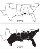 Two maps of the United States in 1953 and  2001. A few small areas are highlighted in the 1953 map, while over two-thirds of the territory is highlighted in the 2001 map. 