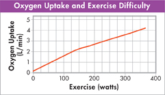 A graph demonstrating changes in oxygen uptake with increasing exercise difficulty.