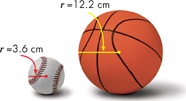 A baseball with a radius of 3.6 centimeters and a basketball with a radius of 12.2 centimeters.