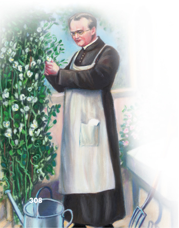 A photograph of Gregor Mendel, founder of modern science of genetics, inspecting a flower of a plant.