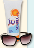 A sunblock with spf 30 and a sunglasses.