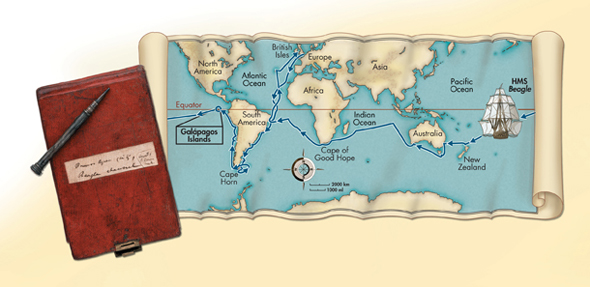 An old notepad and pen placed over a map that shows the route taken by the ship HMS Beagle