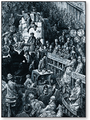 An engraving showing people in a crowded area.
