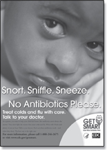 A poster of a boy holding his palm on his chin. The message written below says: 'Snort. Sniffle.Sneeze. No Antibiotics Please.'