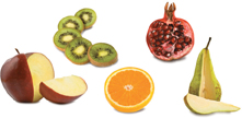 The image shows various cut fruits like Apple, Kiwi, Orange, Pear and Pomegranate.