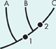 A cladogram of A, B and C. A and B are linked with C. Two points 1 and 2 are marked on main stem of C. Point 1 is placed between branches A and B, point 2 is placed between B and C.