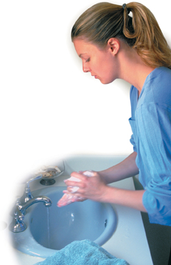 A lady washing her hands in a wash basin.