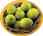 Green lemons are kept in a basket.