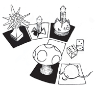 A pair of dice and models of organisms kept on a board.