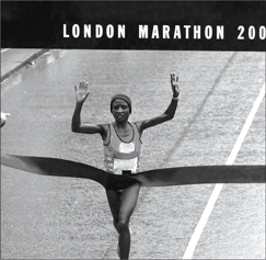 Photograph of a Kenyan Marathoner at the finishing line of London Marathon.