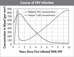 A U-shaped graph indicating the course of HIV infection.