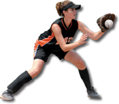 A photograph of a female player catching a ball with her left hand.