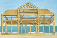 A drawing showing the wooden frame of a two-storied house.