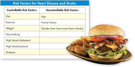 A table presenting the risk factors for heart disease and stroke. A picture of a hamburger along with French fries is seen at the right corner of the table.